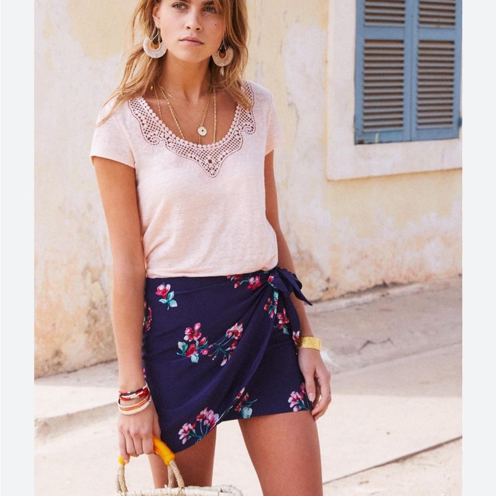 Sezane Pacome Floral Wrap Mini Skirt Blue Floral Silk size 36 US4